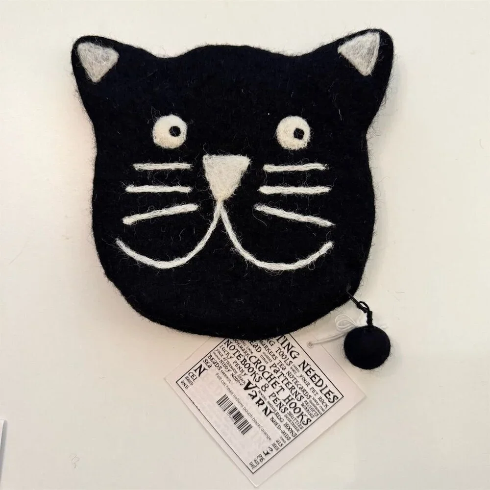 Handmade Wool Felt Black Cat Coin Purse by Wonderland Yarns